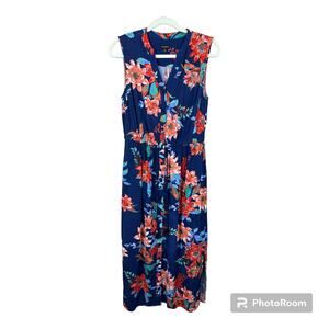 Talbots Shirt Dress 8 Blue Floral Maxi Button Front Drawstring Elastic Waist